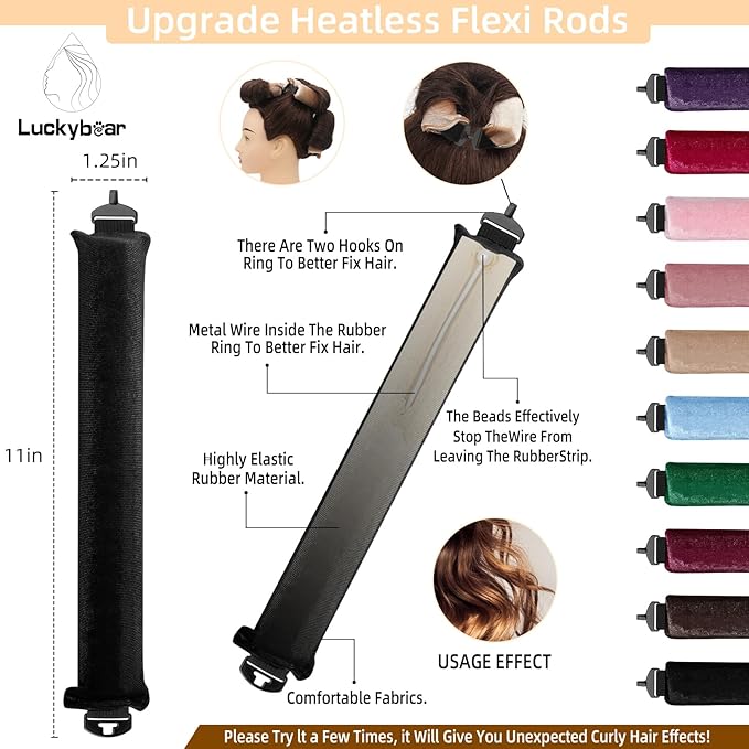 Overnight Heatless Hair Curler Blowout Rods Satin Flexi Rods for Heatless Overnight Jumbo Curls, No-Heat Styling Tools for All Hair Types, 3pcs Black