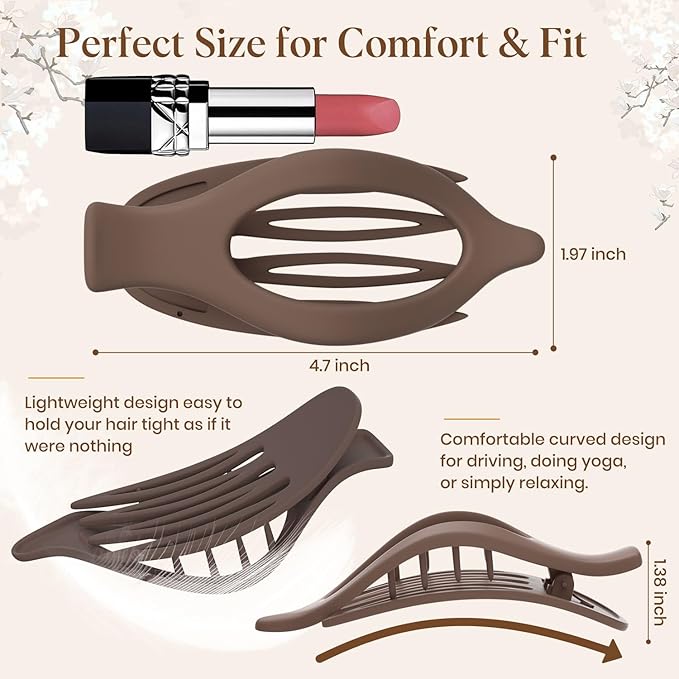 6 PCS Large Flat Hair Clips for Women Girls, French Concord Lay Down Flat Claw Clips for Thick Thin Hair, Comfortable Curved Flat Hair Clip, Matte Non-slip Strong Hold Hair Accessories, Brown