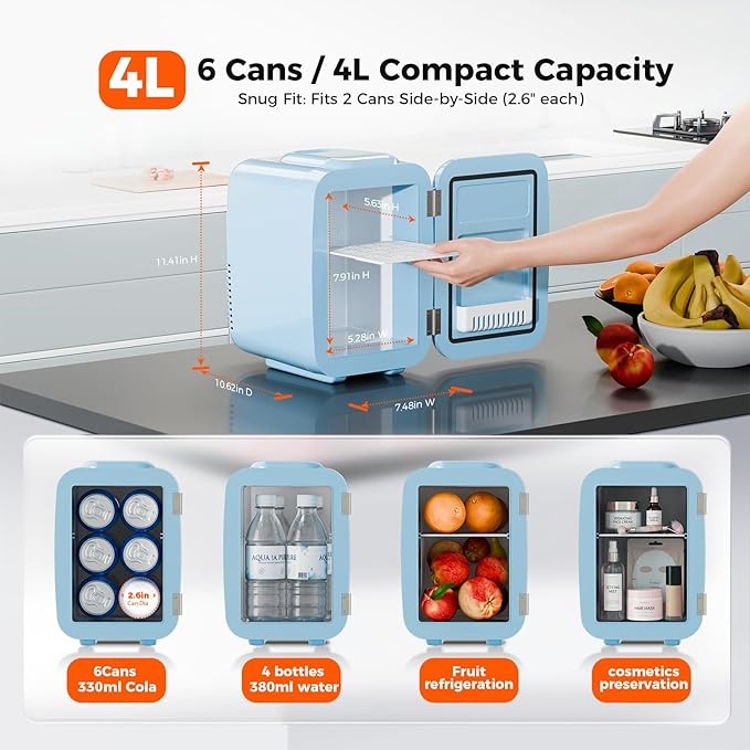 Mini Fridge, 4 Liter/6 Can Mini Makeup Fridge, 110V AC/ 12V DC Portable Thermoelectric Cooler&Warmer for Skincare, Drink, Cosmetic, Medicine, Small fridge for Bedroom, Office, Dorm, Car, Blue