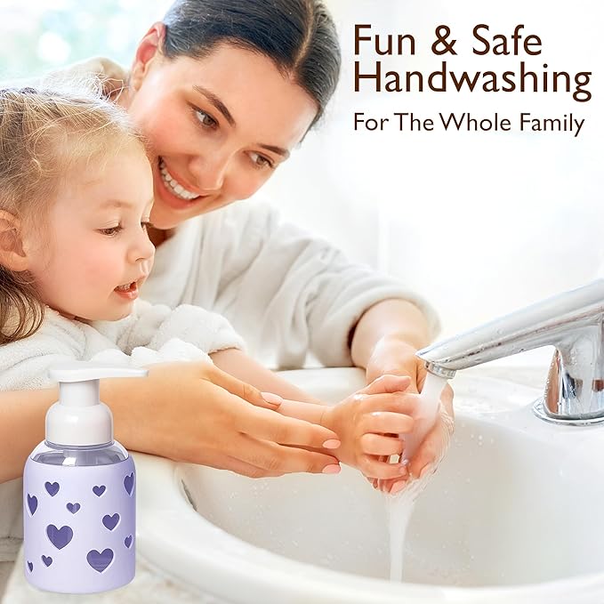 SoCal Suds & Company Foaming Hand Soap Dispenser Glass, Liquid Soap Pump with Heart Silicone Sleeve, Refillable Bottle for Kids, Baby Wash & Shampoo, Ideal for Bathroom & Kitchen Use, Soft Purple, 8oz