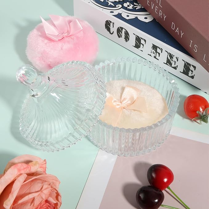 3 PCS Large Body Powder Puff and Container Powder Container with 2 Pcs 3.54 Inch Puff Soft Velour Reusable Washable Crystal Case Valentine's Day Gift for Face Body Glitter Makeup Wet Dry Use