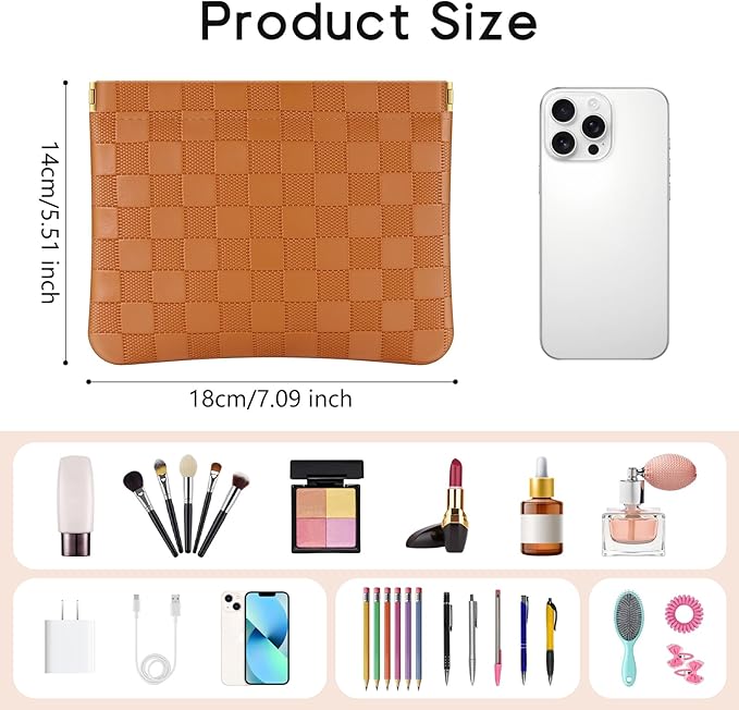 Sightor 2PCS Pocket Cosmetic Bag for Purse, Checkered Makeup Bag Portable Leather Cosmetic Bag for Women, Coin Purse Lipstick Cosmetic Accessories Organizer Travel Cosmetic Pouch (Brown, Beige, L)