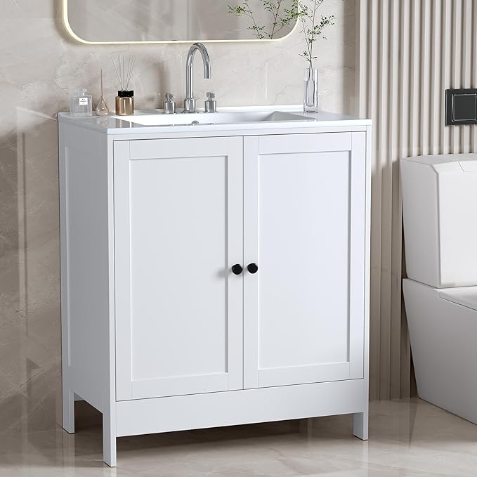 VINGLI 30 Inch White Bathroom Vanity with Sink, Modern Freestanding Sink Vanity with Soft-Close Doors and Storage Shelves, White Bathroom Cabinet with Single Hole Ceramic Basin for Small Bathrooms