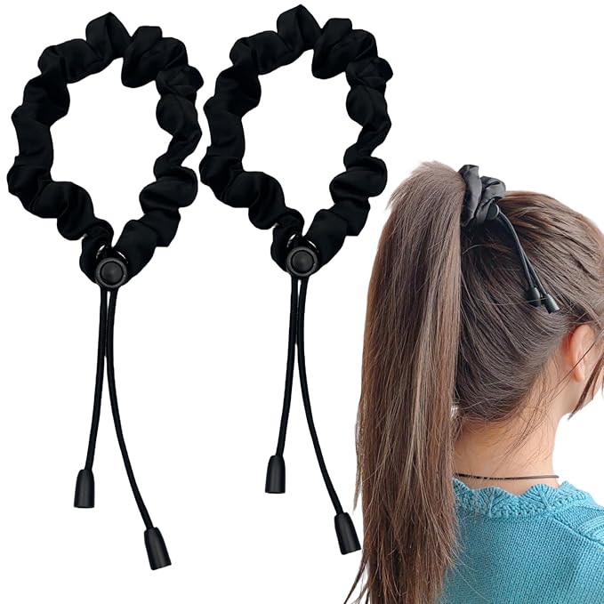 2 Pcs Adjust Satin Hair Tie, Satin Scrunchies for Women Girls, Adjustable Hair Ties for 4c Girlie Thick Curly Natural Hair, No Damage Hair Accessories for Afro Puff Loc Ponytails (black)