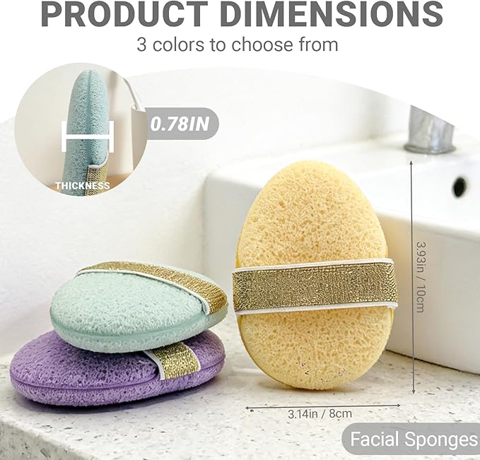 Facial Sponges for Cleansing, Exfoliating Face Sponge with Upgraded Elastic Strap, Reusable Makeup Remover Pads for Daily Wash & Gentle Exfoliating, 3-Pack Face Scrubber Oval(Blue Purple Yellow)