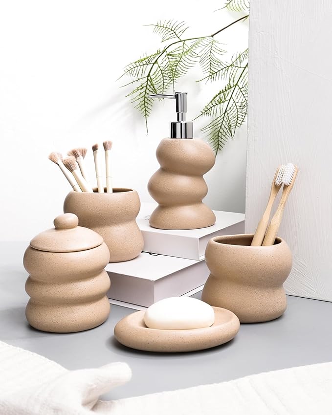 Bathroom Accessory Set 5PCS, Ceramic Bathroom Accessories Set, Irregular Shape Small Bathroom Sets Accessories Complete, Home Apartment Minimalist Decor Vanity Countertop, ANTIS'S HOME (Linen)