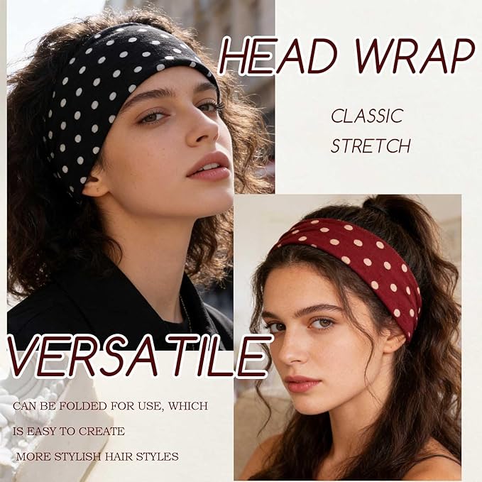 Olbye Wide Boho Headbands Floral Stretch Head Wraps Turban Knotted Yoga Hairbands Workout Hair Accessories for Women 4Pcs (Polka Dot, 9.4 * 5.9'')