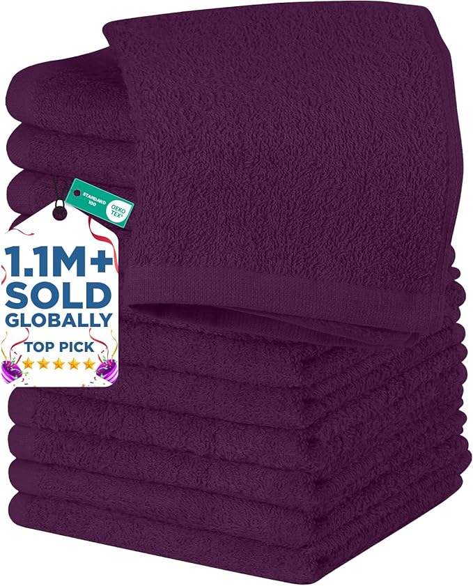 DAN RIVER 12 Pack Wash Cloths for Showering [12x12] - 100% Cotton Washcloths Premium Quality Flannel Face Cloths for Bathroom, Highly Absorbent and Soft Feel Wash Clothes, Purple Passion
