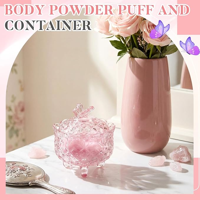 Tioncy 3 Pcs Large Body Powder Puff and Container Valentine's Day gift Powder Container with Puff Crystal Case Soft Washable Reusable Velour Face Body Glitter Wet Dry Makeup(Butterfly,Pink)