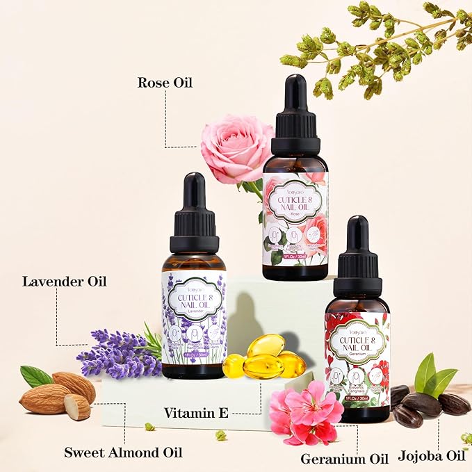 3 Pack Cuticle Oil, 3 in 1 Hydrating Oil for Strengthen Dry Nails Care, Soothe Cracked Cuticles, Thin Nails & Moisturize Hands, Non-Greasy, Cruelty-Free, Rose, Geranium, Lavender