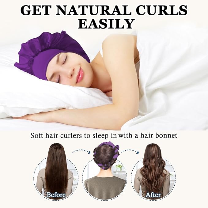 No Heat Overnight Curls Headband to Sleep In, 70" Soft Ribbon Curl Wrap for Long Hair - 9 PCS Curling Rods Set with Bonnet, Purple