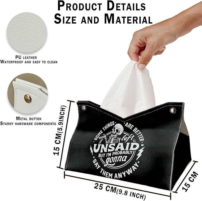 Skeleton Funny Tissue Box Cover Rectangle, Gothic Skull Tissue Box Holder, Black Facial Paper Case for Bathroom Kitchens Livingroom, Halloween Kitchen Accessories Gifts for Women Home 9.8x5.9x5.9