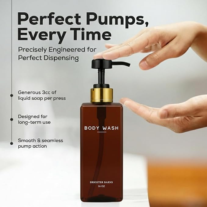 Amber Shampoo and Conditioner Dispenser Set by Brighter Barns - Empty Body Wash Bottle with Pump - Refillable Shampoo Dispenser for Shower, Guest Bathroom, Spa, Airbnb Decor, Housewarming Gift (Amber)
