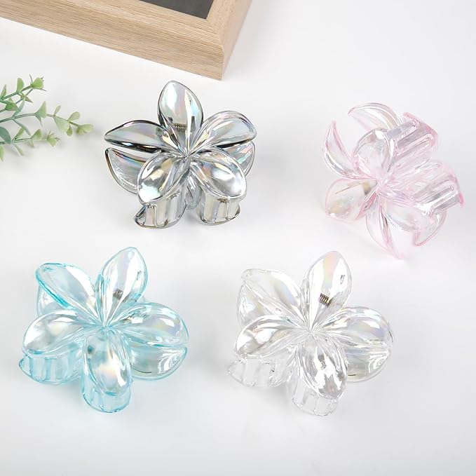 Flower Hair Clips for Women, 4 Pcs Clear Color Hawaiian Flower Hair Claw Clips, Sparkly Cute Large Hibiscus Hair Claw Decorative Accessories For Thick and Thin Hair