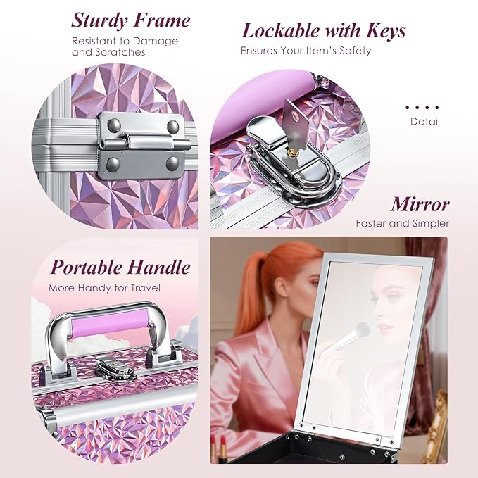 FRENESSA Makeup Case Organizer Cosmetic Box Storage Portable Makeup Train Case with Mirror 2 Trays Travel Vanity Box for Cosmetics Nail Kits Craft Tools Case Aluminum Hard Make Up Organizer Shiny Pink