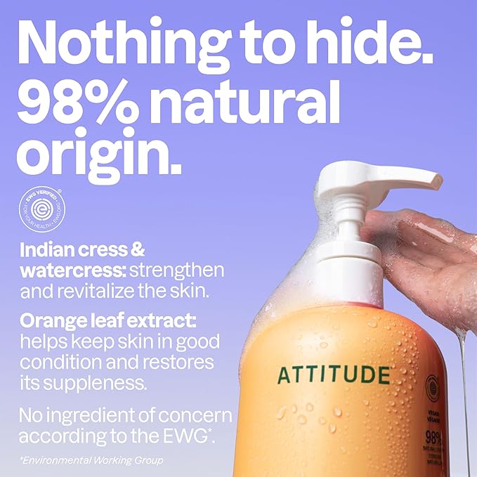 ATTITUDE Body Wash, EWG Verified Shower Gel, Dermatologically Tested, Plant and Mineral-Based, Vegan Personal Care Products, Orange Blossom & Eucalyptus, 32 Fl Oz