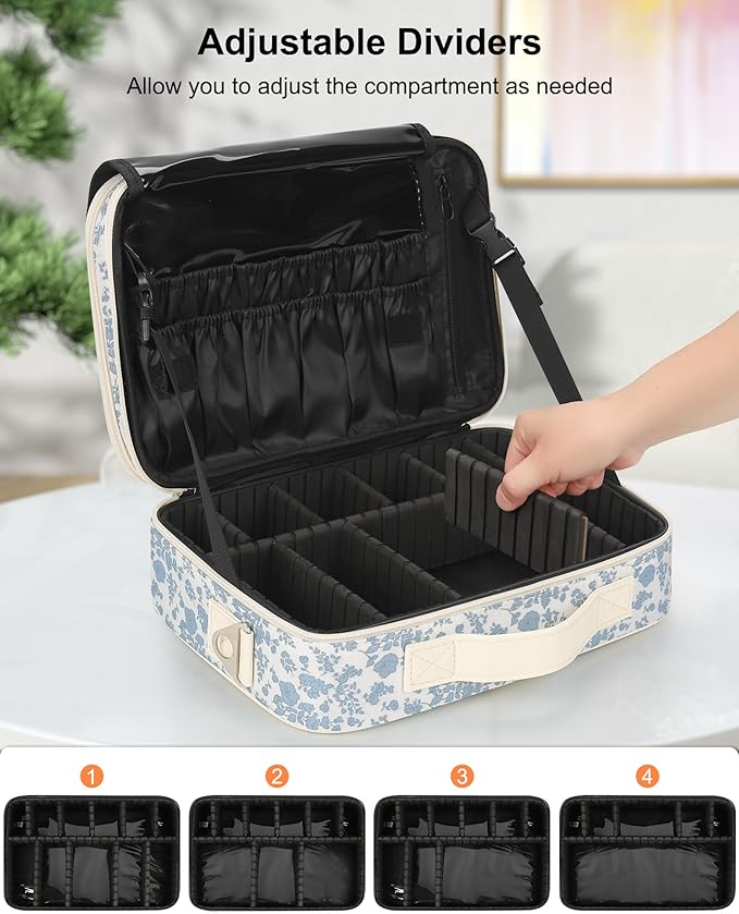 Relavel Large Makeup Bag, Cute Cosmetic Bags for Women and Girls Travel Makeup Organizer Bag Train Case 13.8 inches Makeup Brush Holder and Storage with Adjustable Dividers, Floral Print
