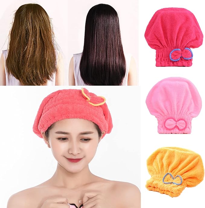 Microfiber Hair Drying Cap，Hair Drying Towel 3Packs,Super Absorbent Quick Dry Hair Turban for Girls and Women Drying Curly，Fast Drying Hair Turban Wrap Towels Shower Cap（Red Pink Yellow）