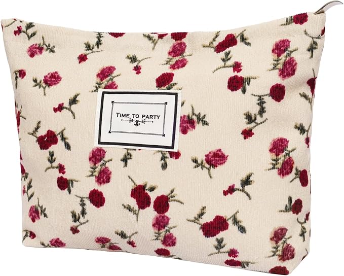 1pcs Floral Makeup Bag for Women Travel Cosmetic Pouch Toiletry Organizer for Skincare Brushes and Daily Essentials 8.27x7.28x1.97 inch(Flower-1, Beige)