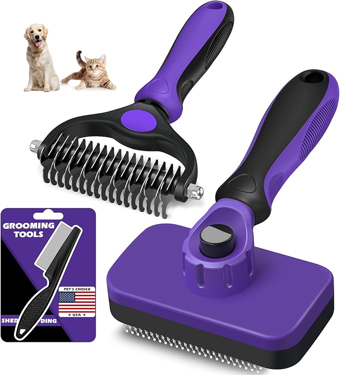 3PCS Self Cleaning Slicker Brush & Pet Grooming Rake & Flea Comb for Dogs,Cats and Horses | Double-Sided Dematting Comb & Skin Friendly Deshedding Grooming Tool | Premium Pet Supplies (Purple)
