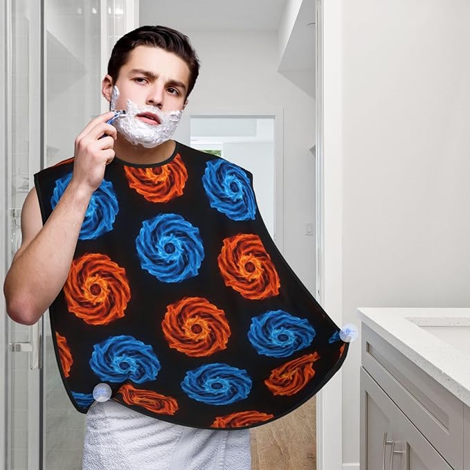 Beard Bib with 3 Suction Cups, Non-Stick Waterproof Hair Catcher Apron, Men's Shaving Essential for Grooming, Ice Water Blue Fire Flame Shave Bib