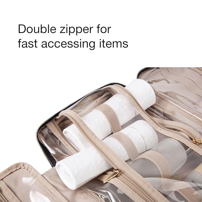 BAGSMART Toiletry Bag Travel Bag with Hanging Hook, Water-resistant Makeup Cosmetic Bag Travel Organizer for Accessories, Shampoo, Full-size Container, Toiletries (Beige Ditsy Floral, Medium)