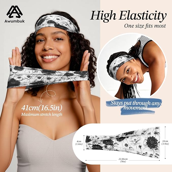 Headbands for Women, 8 Pack Non-Slip Moisture Wicking Sports Wide Head Bands, Stretchy Elastic Fabric, Multiple Colors Securing Hair for Fashion, Sports, Yoga, Running, Daily Life