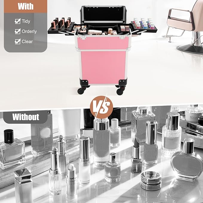 Rolling Makeup Train Case, Large Aluminum Alloy Cosmetic Trolley Case with Wheels & Retractable Handle, Lockable Storage for Makeup Artists, Lash Techs, Travel, Pink