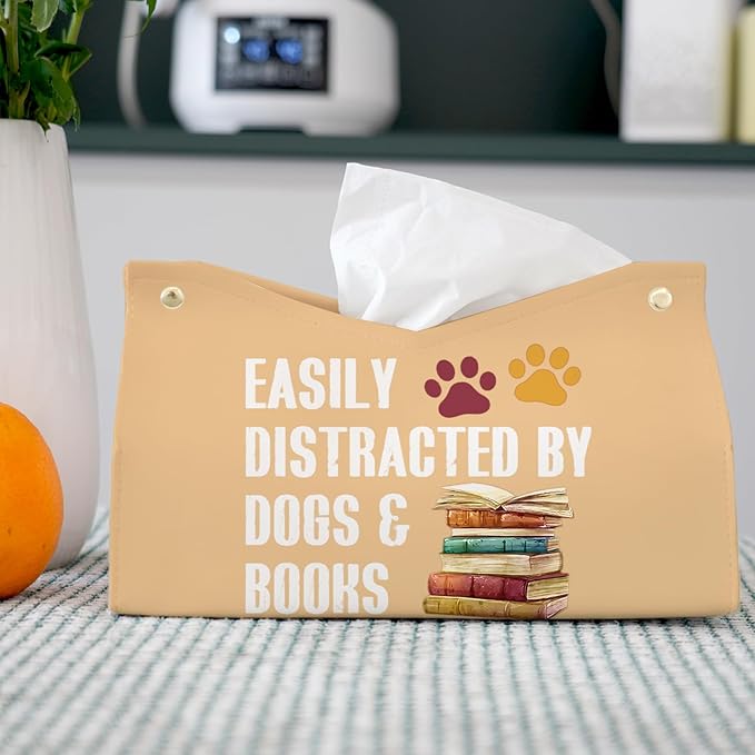 Yellow Dog Tissue Box Cover Rectangle,Leather Toilet Paper Box,Funny Decorative Facial Paper Case for Living Room Bathroom Kitchen Office Desk,Easily Distracted By Dogs And Books,9.8x5.9x5.9