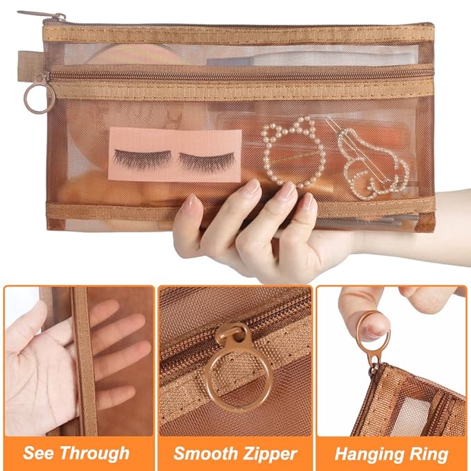 Mesh Cosmetic Bags, 4pcs Nylon Makeup Pouches with Double Zippers for Home Office Purse Diaper Bag (Light Chocolate Brown)