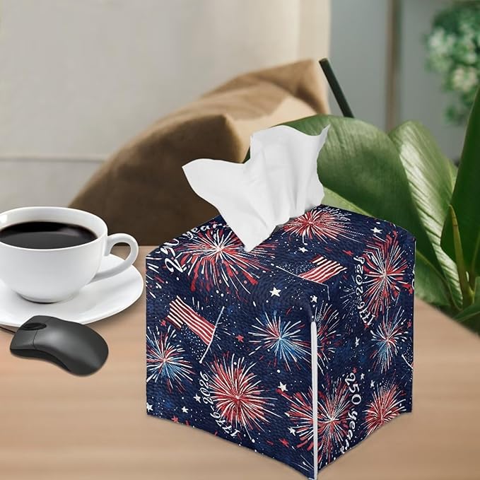 Firework USA Flag Tissue Box Holder Waterproof PU Leather Square Modern Tissue Box Cover with Metal Button Napkin Holder for Home Office Car