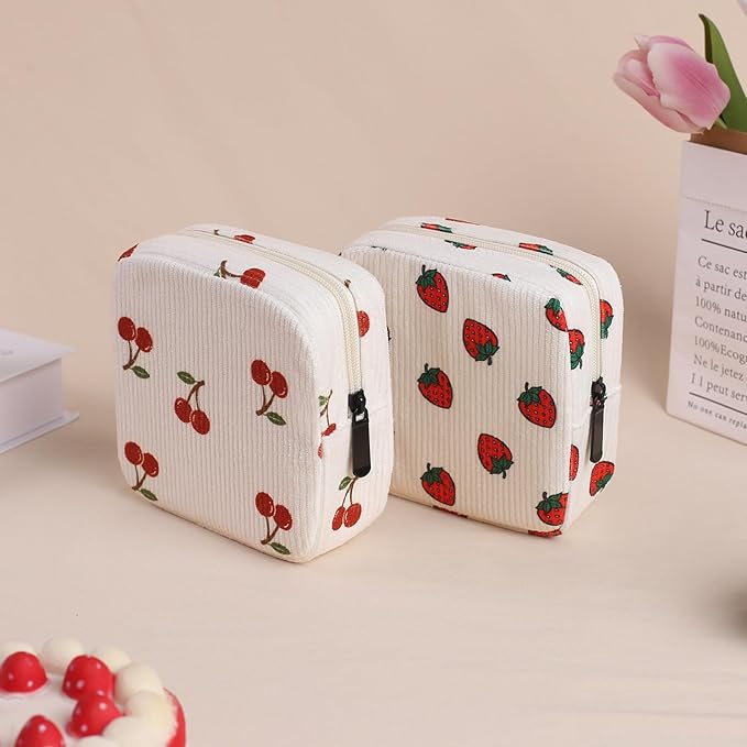 Period Bag for Women, Portable Corduroy Sanitary Napkin Storage Bag Cherry Period Pouch with Zipper, Sanitary Pads Bag Tampons Holder for Purse, First Period