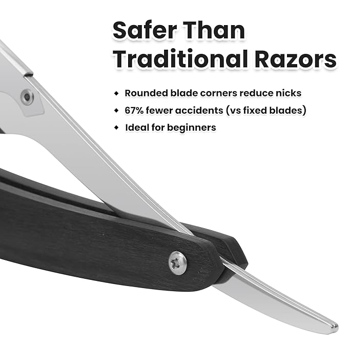 Black Wooden Handle Shavette Straight Razor Kit for Men - Professional Barber Straight Edge Razor with for a Close, Smooth Shave & Beard Shaping