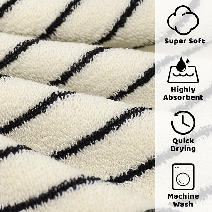 Jacquotha Striped Cotton Washcloths 4 Pack, 13” x 13” - Soft Wash Cloths for Bathroom, Kitchen, Gym, Face, Black and Cream