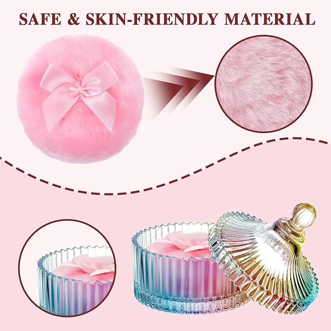 5 Pcs Extra Large Body Powder Puff and Container Set – 5.43" Oversize Crystal Powder Container | 3.54" Ultra-Soft Velour Puff, Washable & Reusable, Ideal for Face/Body Glitter & Wet/Dry Makeup