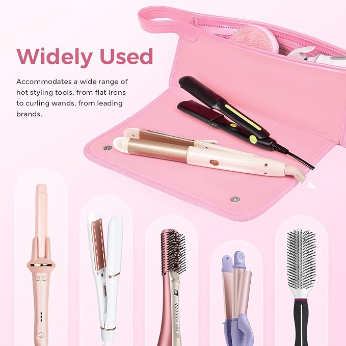 Hair Tools Travel Bag and Heat Resistant Mat, 2 in 1 Portable Organizer Hair Travel Case for Curling Iron, Hair Straightener, Flat Irons, PU Hangable Handle, Neoprene (Sweet Pink)