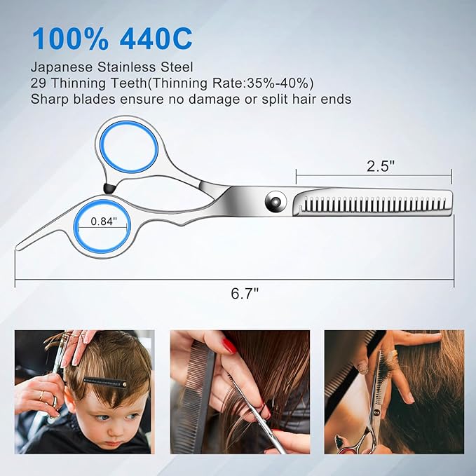 Sirabe 11 PCS Hair Cutting Thinning Scissors Set, Sapphire Professional Haircut Scissors Kit Stainless Steel Barber Texturizing Shears Tools for Salon Hairdressing Home