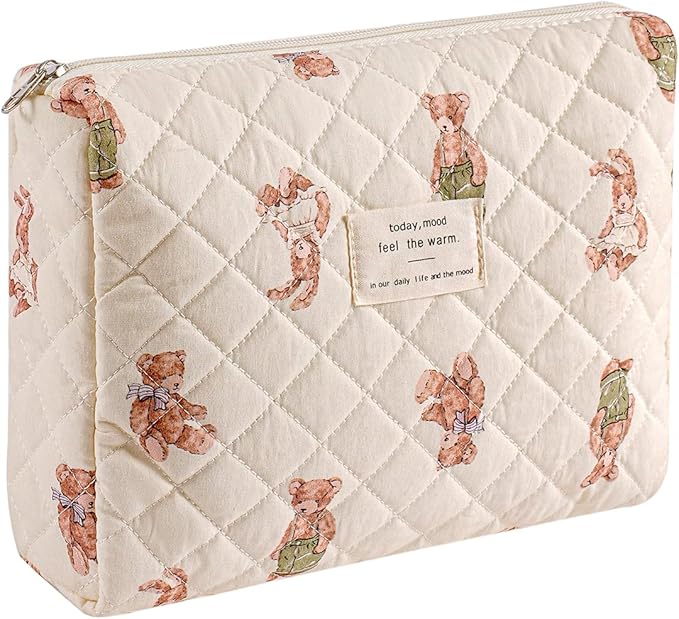 uekeboag Quilted Cotton Makeup Bag,Coquette Quilted Toiletry Bag for Women and Girls,Floral Coquette Pouch,Cute Kawaii Travel Cosmetic Bags(White Bear)