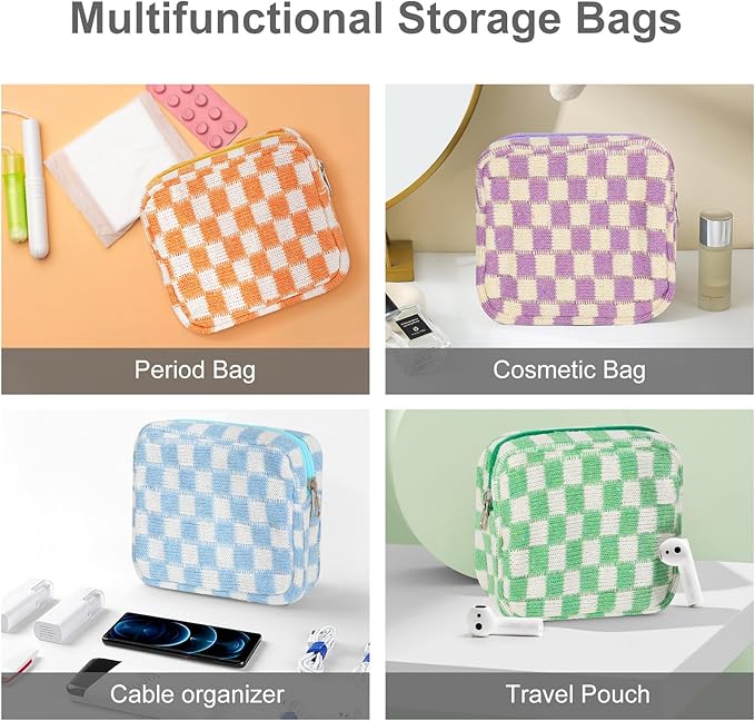 Sanitary Napkin Storage Bag, Menstrual Pad Zipper Bag Checkered Portable Period Bag Panty Liners, Tampon Storage Pouch for Women Ladies Daily Use Storage Purse Travel