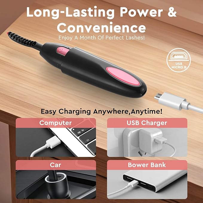 Heated Eyelash Curler, Electric Eyelash Curler for Fast Heat up Within 10s - 24 Hours Long Lasting, 2 Temp Settings Makeup Tools Safe & Portable Lash Curler with USB Charging