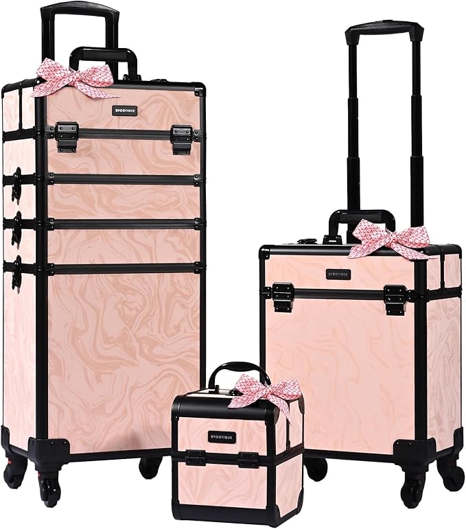 BYOOTIQUE Rolling Makeup Trollleyon Wheels 3-Piece Kit Lockable Cosmetology Organizer Cart Cosmetic Train Case Hairdressing Brush Bags for Nail Tech Beauty Salon Barbershop,CTB Pink