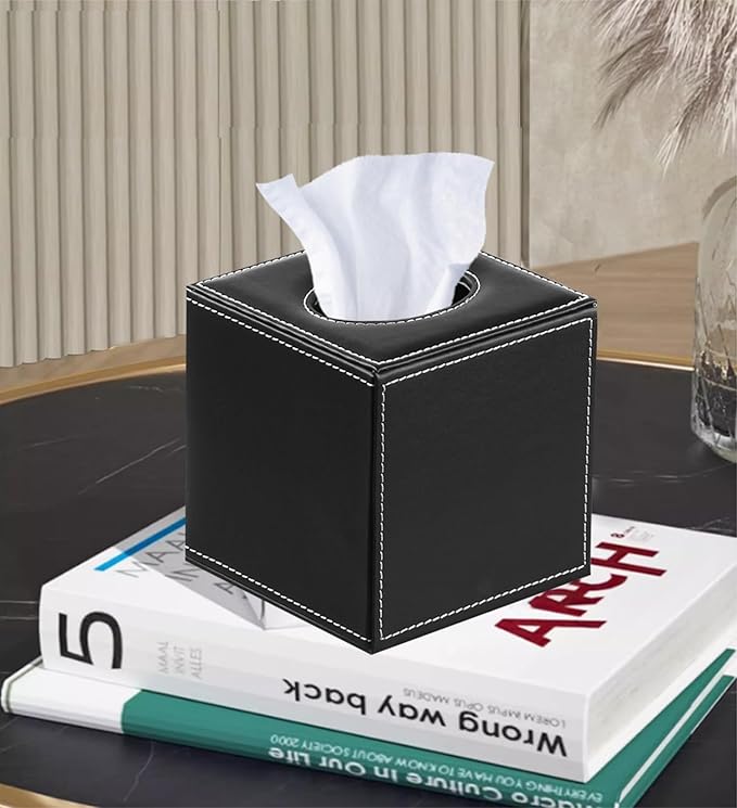 Leather Tissue Box Cover Square,Upgrade 99% Compatible Large Size,Modern Tissue Box Holder for Napkin Facial Paper,Dryer Sheet Dispenser Organizer for Bathroom Vanity Countertop,Night Stand Black