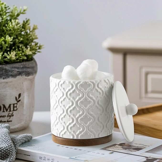 Elegant Bathroom Accessories Set 5 PCS Ceramic and Wood Bathroom Accessory Set Soap Dispenser Toothbrush Holder Tumbler Soap Dish Cotton Swab Jar Easy to Clean Quatrefoil Pattern White