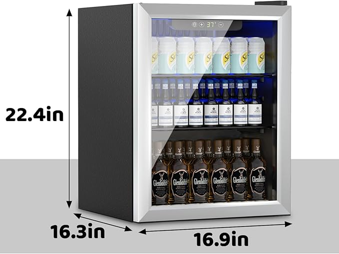 Stopasd Beverage Refrigerator Cooler, 1.6 Cu.Ft/70 Can Drink Fridge with Adjustable Shelves for Soda Wine Beer, Quiet Undercounter Small Fridge for Home/Office/Bar/Garage(37-61 ℉), Sliver