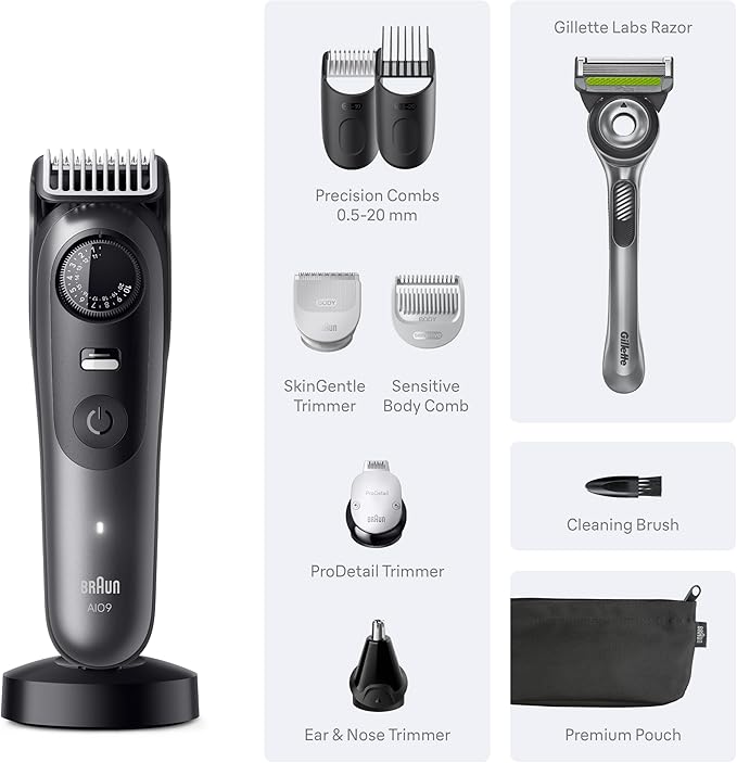 Braun Series 9 All-in-One Beard & Body Grooming Kit for Men, Cordless Trimmer, Hair Clippers & Shaver for Face, Hair & Body with Gillette Labs Razor, AIO 9535