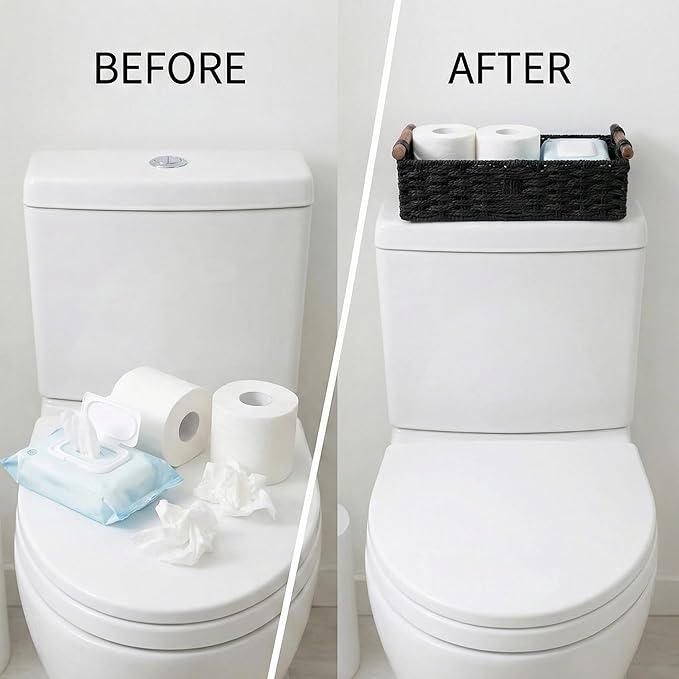 Back of Toilet Basket, Black Wicker Toilet Tank Basket for Toilet Paper Storage, Basket for Toilet Tank Top, Narrow Bathroom Organizer for Wipes & Essentials