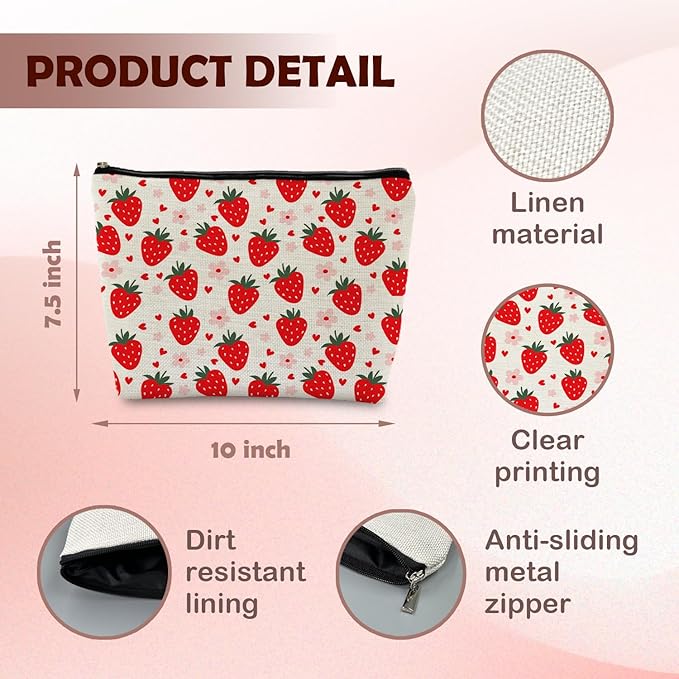 Cut Red Strawberry Makeup Bag Portable Cosmetic Bag Zipper Pouch Toiletry Bag for Purse, Strawberry Stuff Gifts for Women Girls