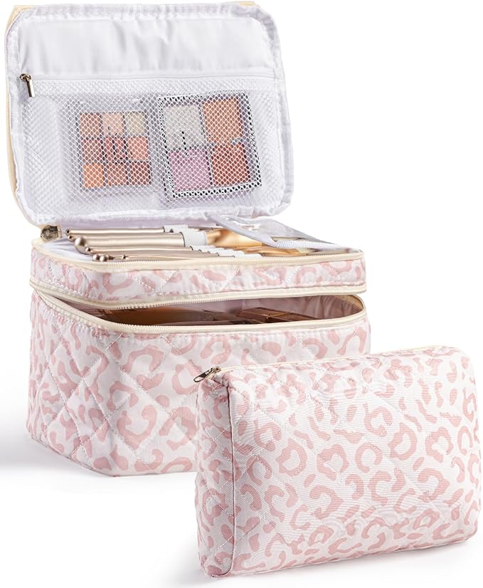 HBselect 2Pcs Travel Makeup Bag, Large Cotton Quilted Makeup Bag Cosmetic Bag Cute Make up Bag Toiletry Bags for Women Girls