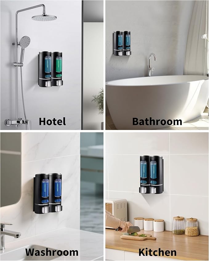 Shampoo and Conditioner Dispenser - 800ML Wall-Mounted Shower Shampoo Dispenser No Drill Body Wash Soap Dispenser for Shower, Bathroom, Hotel (2 Chamber)