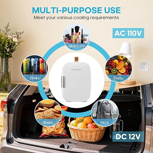 DUMOS Mini Fridge for Bedroom, 4L Compact Personal Fridge Cooler For Skincare, Drinks, And Snacks, Fits 6 Cans, Mini Refrigerator with 110V Ac/12V Dc, Ideal For Car, Dorm, White